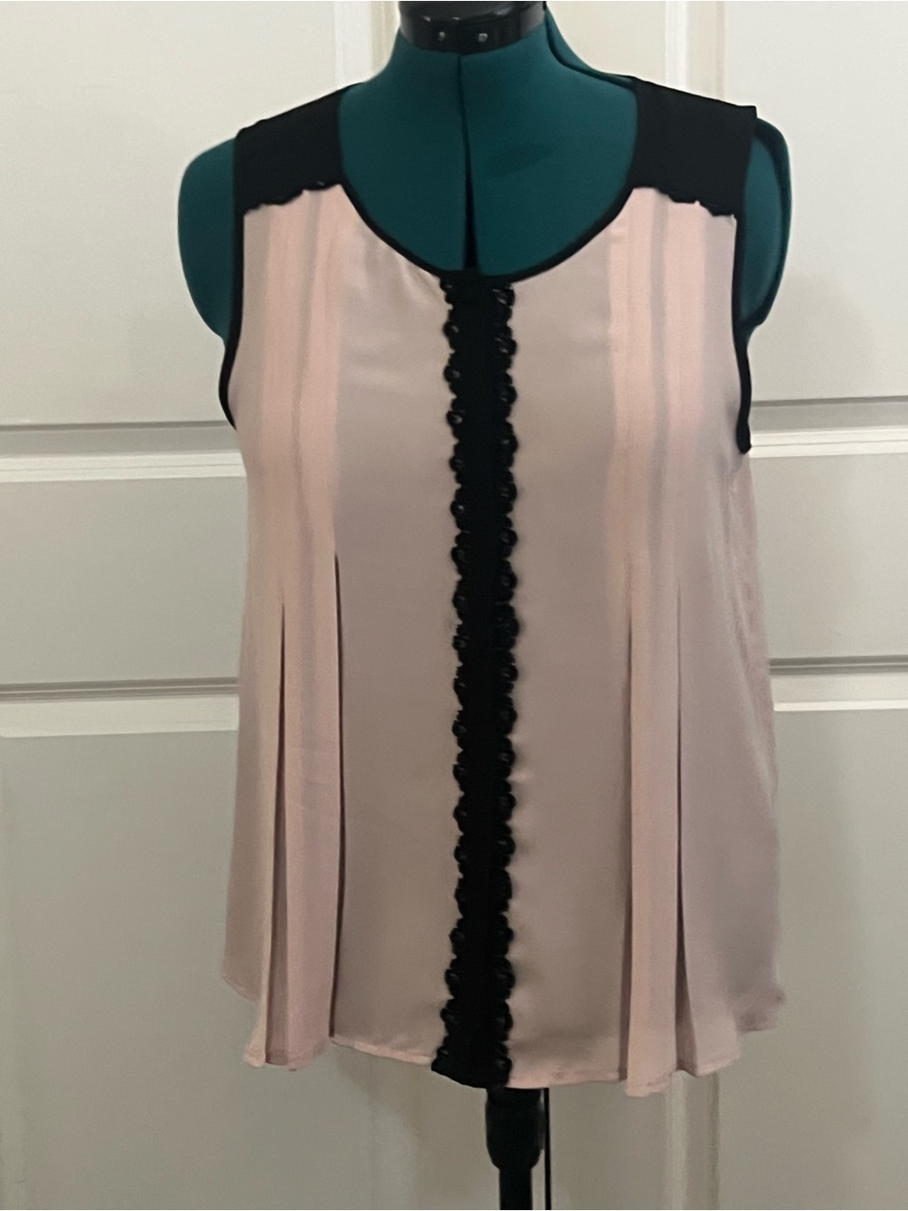 Elle Pale Pink Sleeveless Blouse with Black Trim and Lace